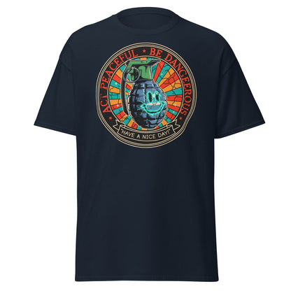 Act Peaceful Be Dangerous T-Shirt | Dark Humor Grenade Tee - Navy - T-Shirts Online