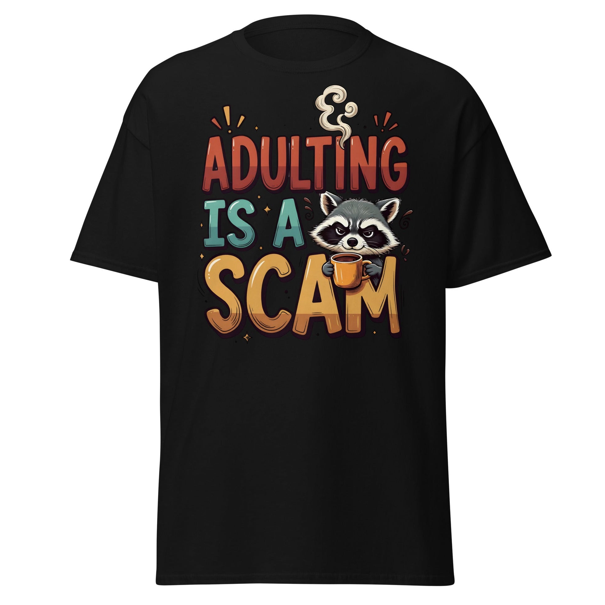 Adulting Is A Scam T-Shirt - Funny Raccoon Coffee Tee - Black - T-Shirts Online