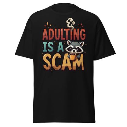 Adulting Is A Scam T-Shirt - Funny Raccoon Coffee Tee - Black - T-Shirts Online