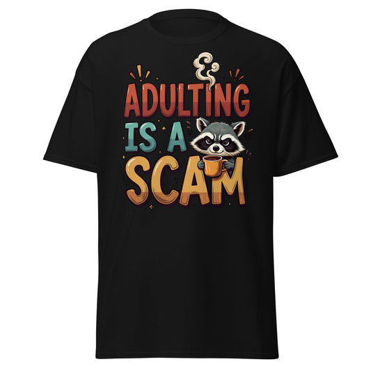 Adulting Is A Scam T-Shirt - Funny Raccoon Coffee Tee - Black - T-Shirts Online