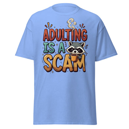 Adulting Is A Scam T-Shirt - Funny Raccoon Coffee Tee - Carolina Blue - T-Shirts Online