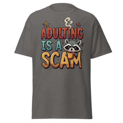 Adulting Is A Scam T-Shirt - Funny Raccoon Coffee Tee - Charcoal - T-Shirts Online