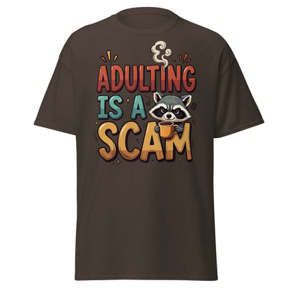 Adulting Is A Scam T-Shirt - Funny Raccoon Coffee Tee - Dark Chocolate - T-Shirts Online