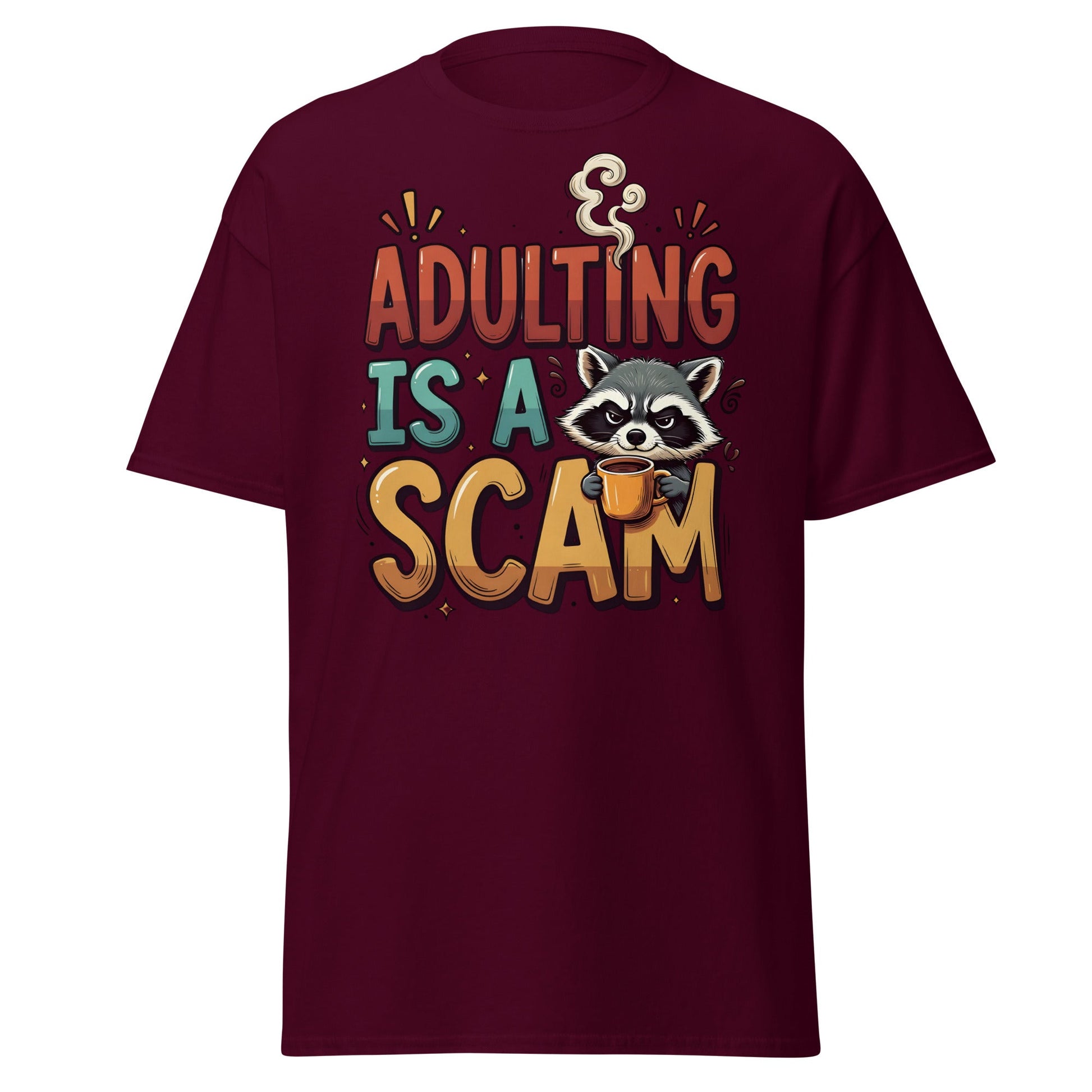 Adulting Is A Scam T-Shirt - Funny Raccoon Coffee Tee - Maroon - T-Shirts Online