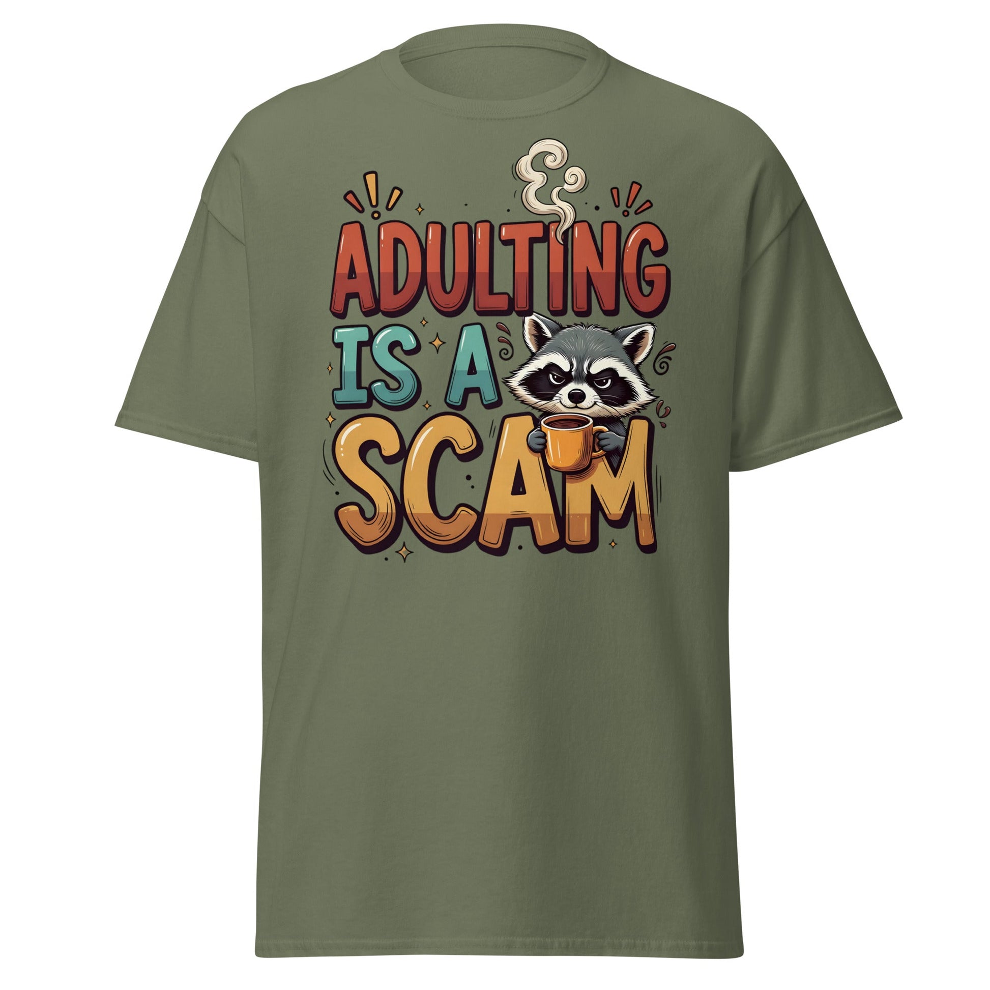 Adulting Is A Scam T-Shirt - Funny Raccoon Coffee Tee - Military Green - T-Shirts Online