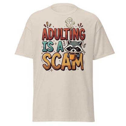 Adulting Is A Scam T-Shirt - Funny Raccoon Coffee Tee - Natural - T-Shirts Online