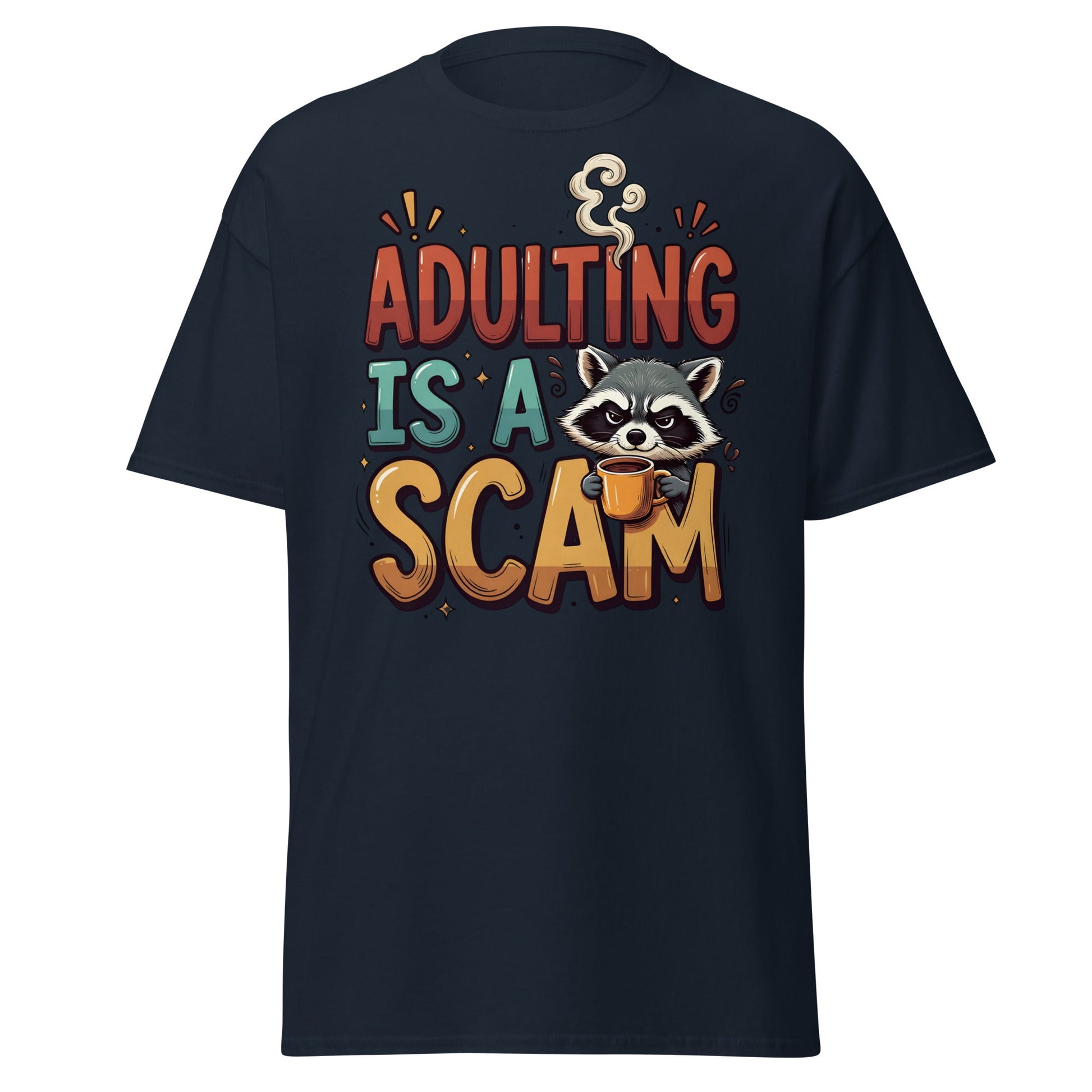 Adulting Is A Scam T-Shirt - Funny Raccoon Coffee Tee - Navy - T-Shirts Online