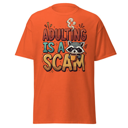 Adulting Is A Scam T-Shirt - Funny Raccoon Coffee Tee - Orange - T-Shirts Online