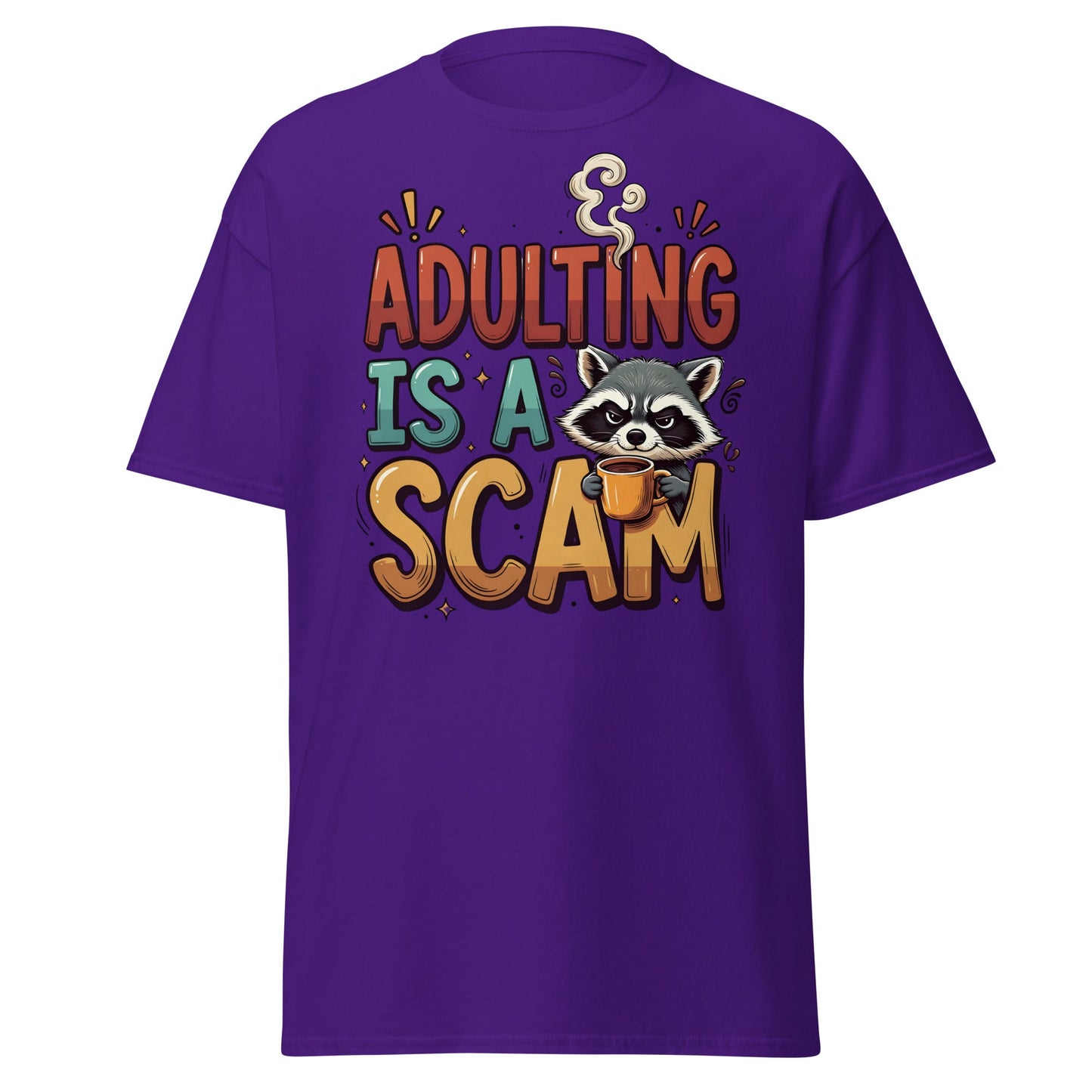 Adulting Is A Scam T-Shirt - Funny Raccoon Coffee Tee - Purple - T-Shirts Online