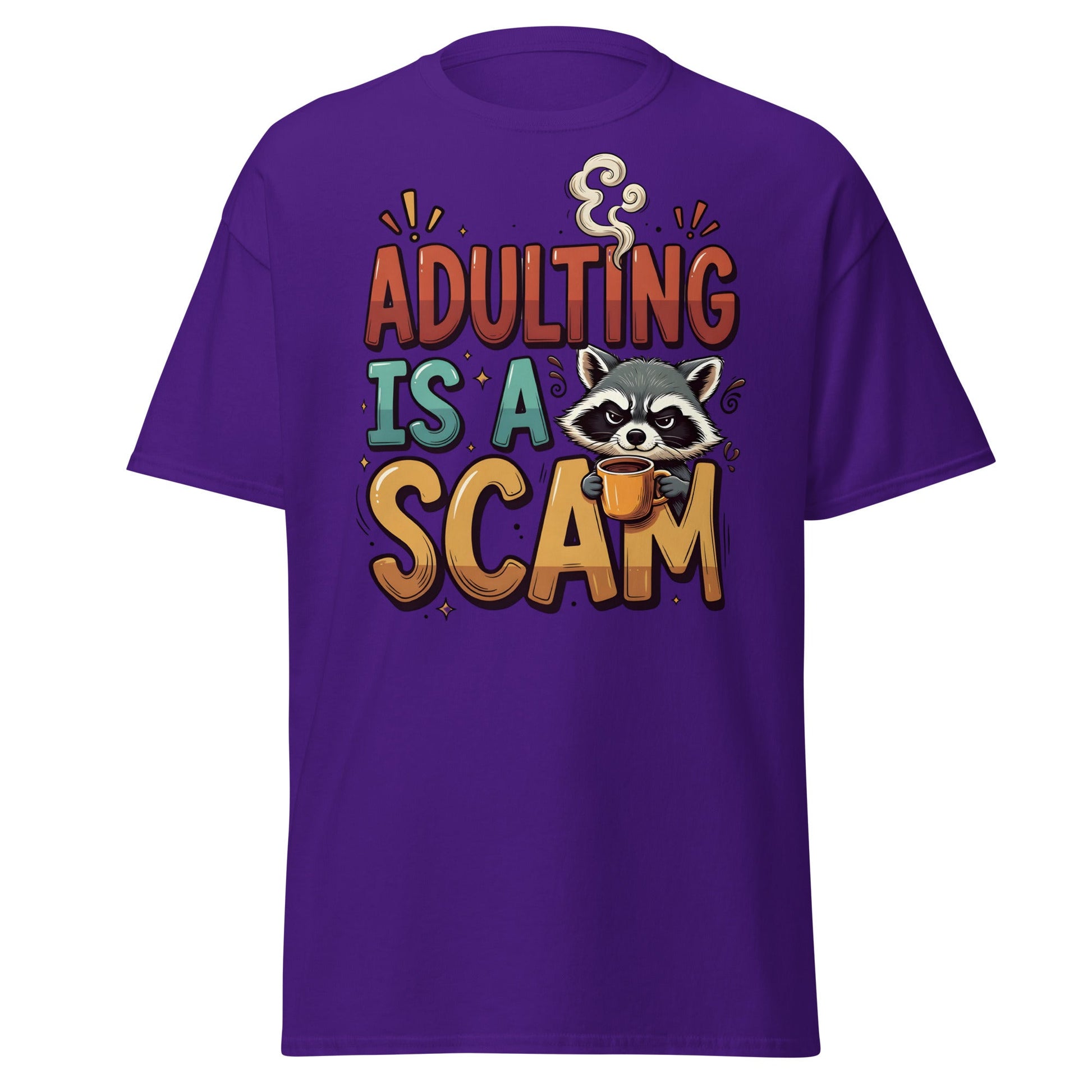 Adulting Is A Scam T-Shirt - Funny Raccoon Coffee Tee - Purple - T-Shirts Online