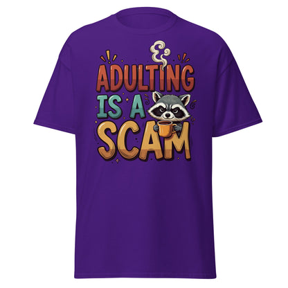Adulting Is A Scam T-Shirt - Funny Raccoon Coffee Tee - Purple - T-Shirts Online