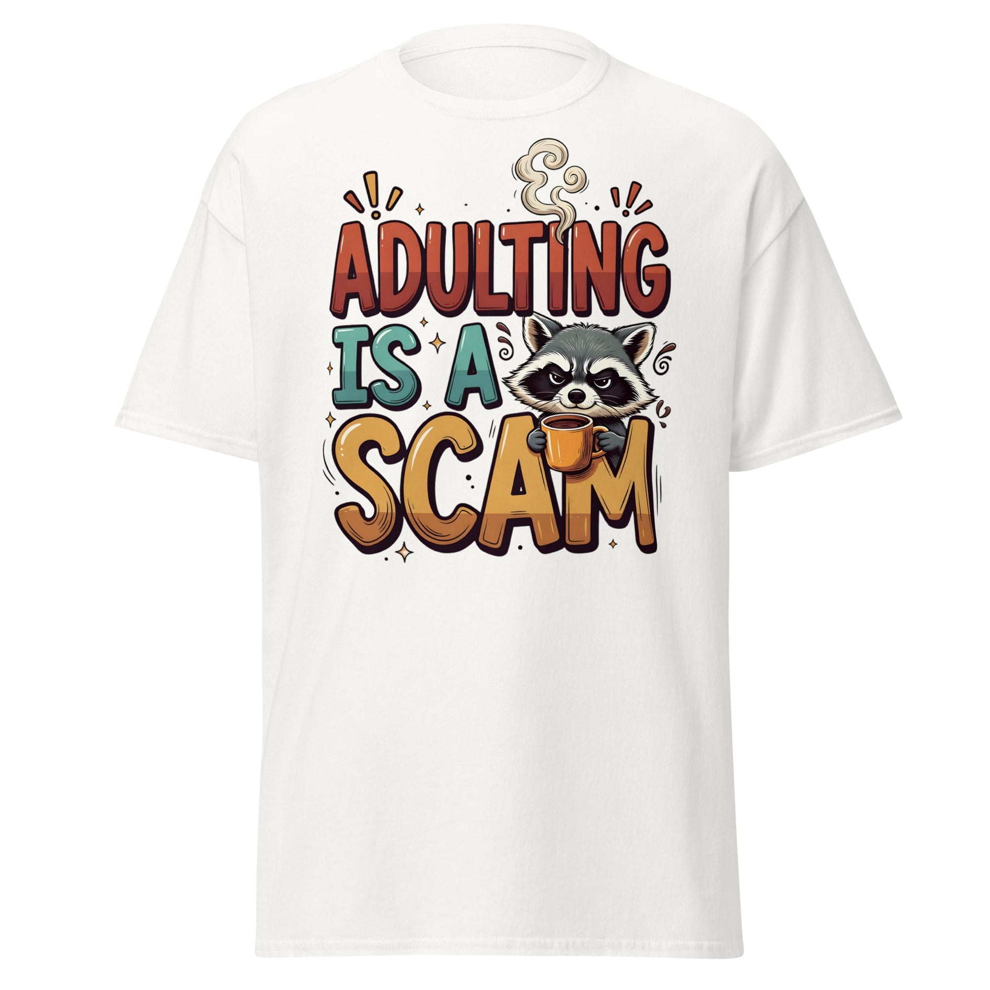 Adulting Is A Scam T-Shirt - Funny Raccoon Coffee Tee - White - T-Shirts Online