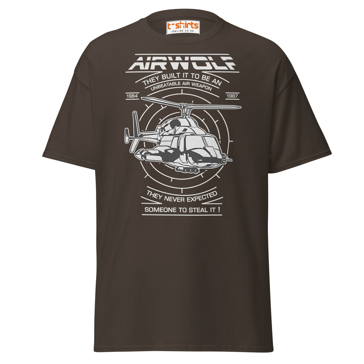 Airwolf T-Shirt | Retro 80s Helicopter Action Tee - Dark Chocolate - T-Shirts Online