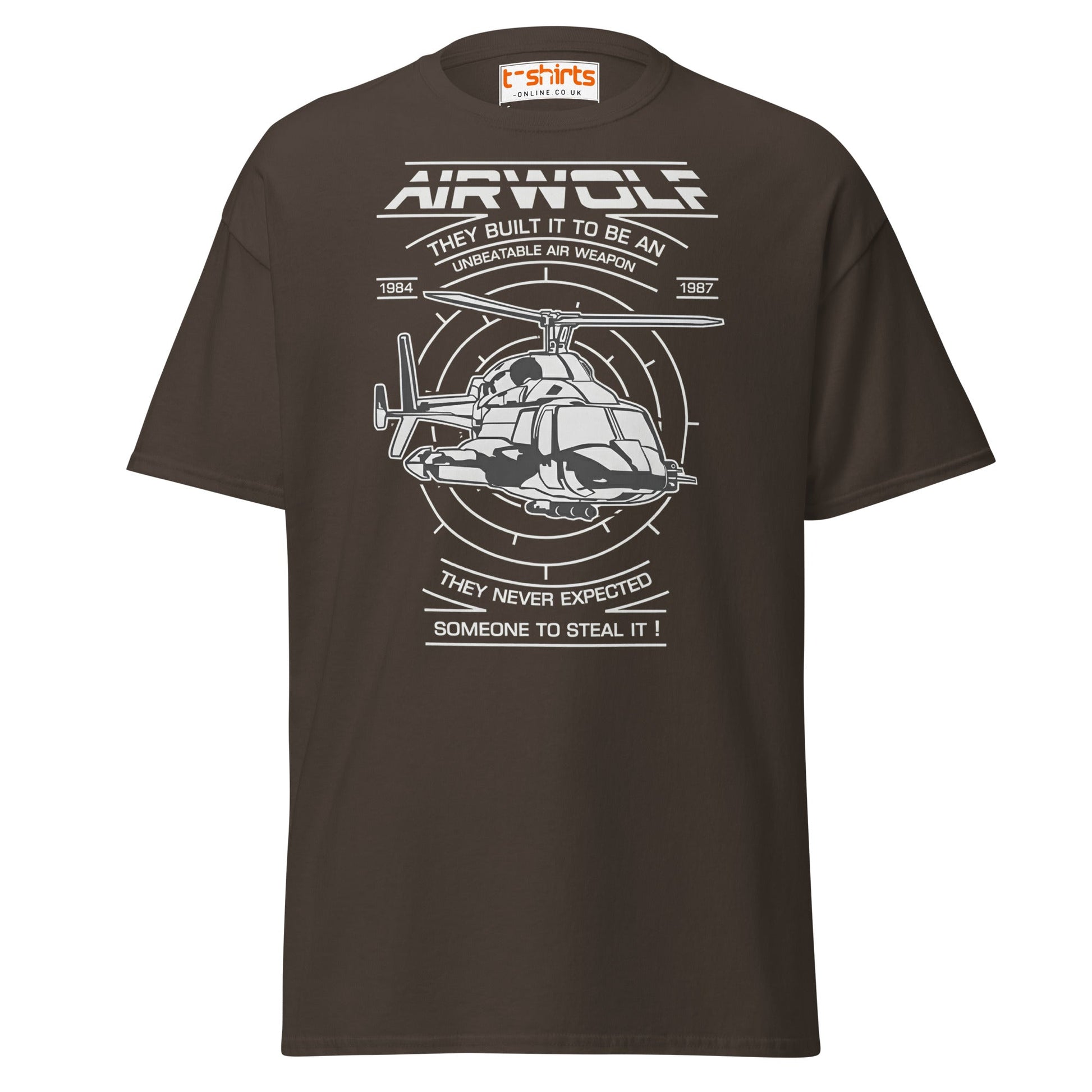 Airwolf T-Shirt | Retro 80s Helicopter Action Tee - Dark Chocolate - T-Shirts Online
