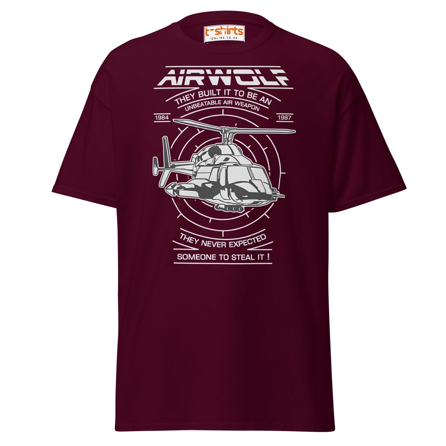 Airwolf T-Shirt | Retro 80s Helicopter Action Tee - Maroon - T-Shirts Online