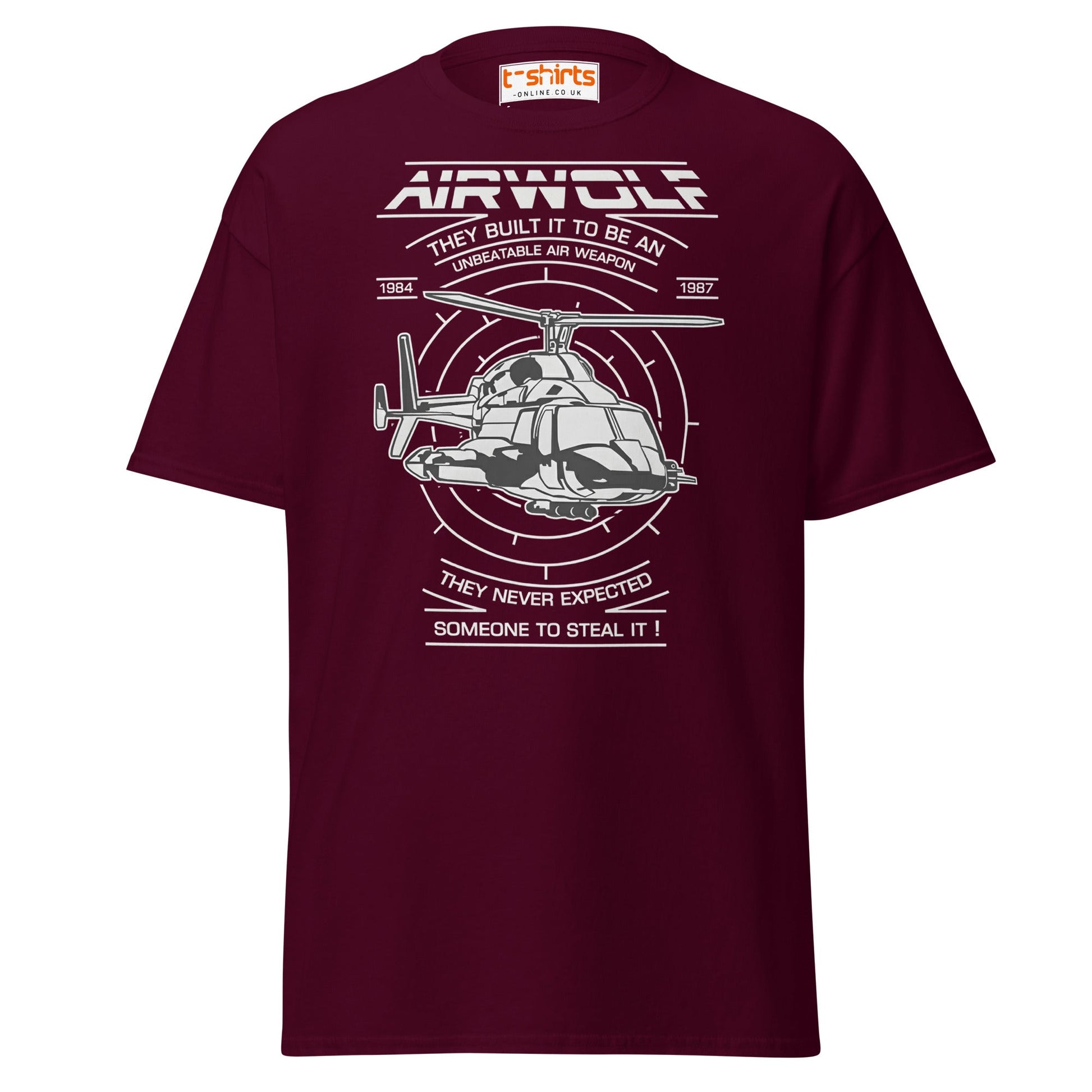 Airwolf T-Shirt | Retro 80s Helicopter Action Tee - Maroon - T-Shirts Online