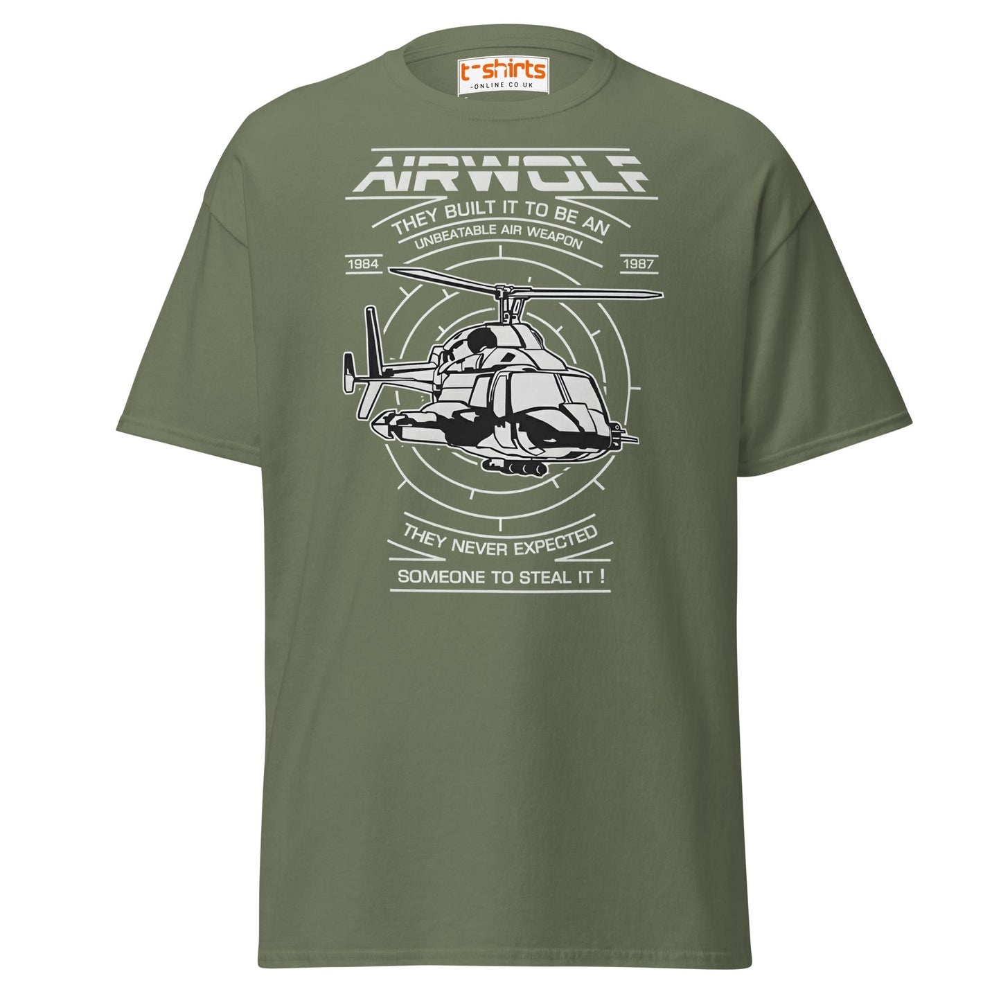 Airwolf T-Shirt | Retro 80s Helicopter Action Tee - Military Green - T-Shirts Online