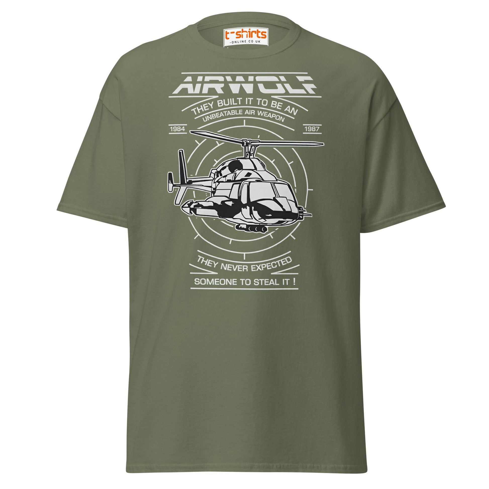 Airwolf T-Shirt | Retro 80s Helicopter Action Tee - Military Green - T-Shirts Online