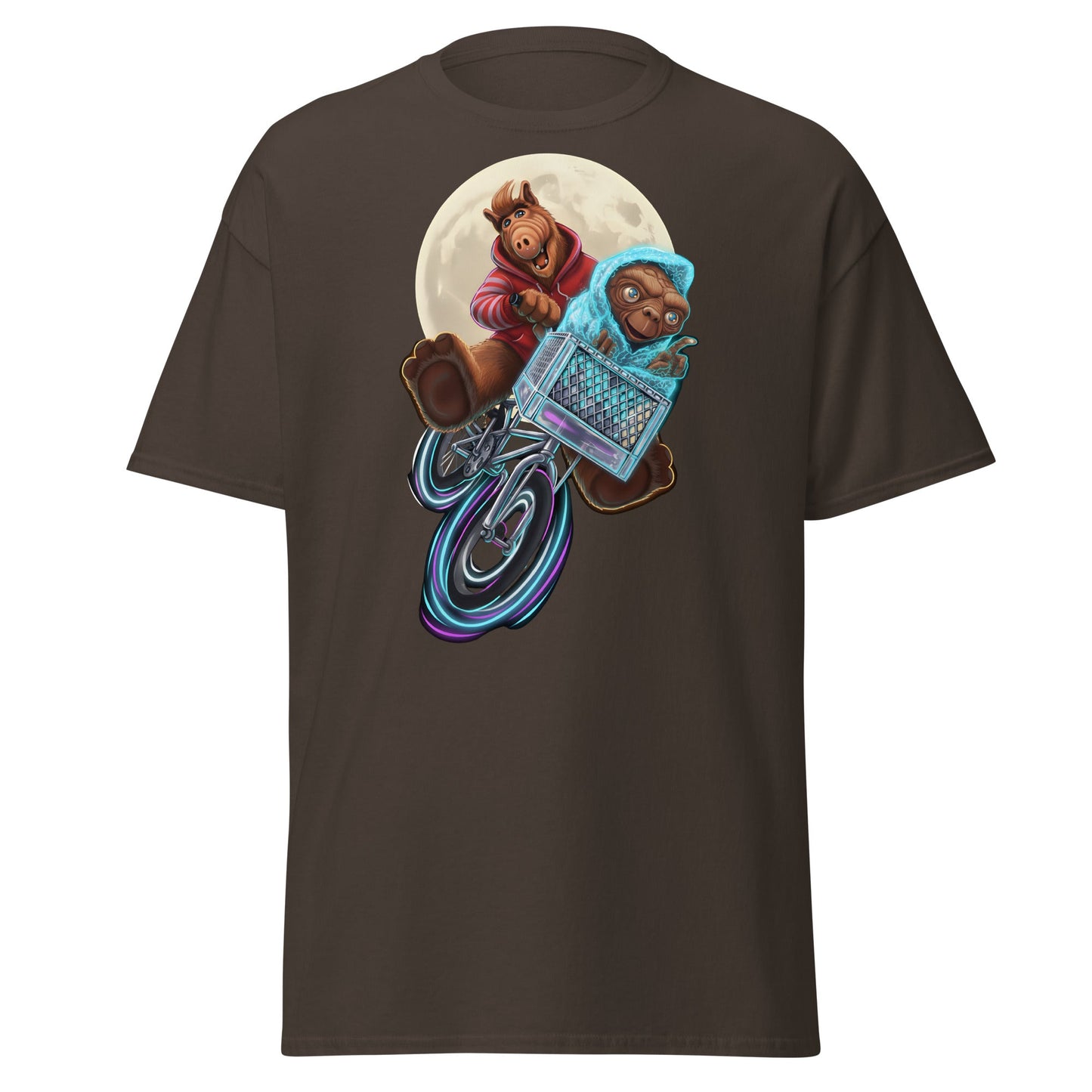 ALF ET Bike Moon T-Shirt – 80s Movie Parody Mashup Tee - Dark Chocolate - T-Shirts Online