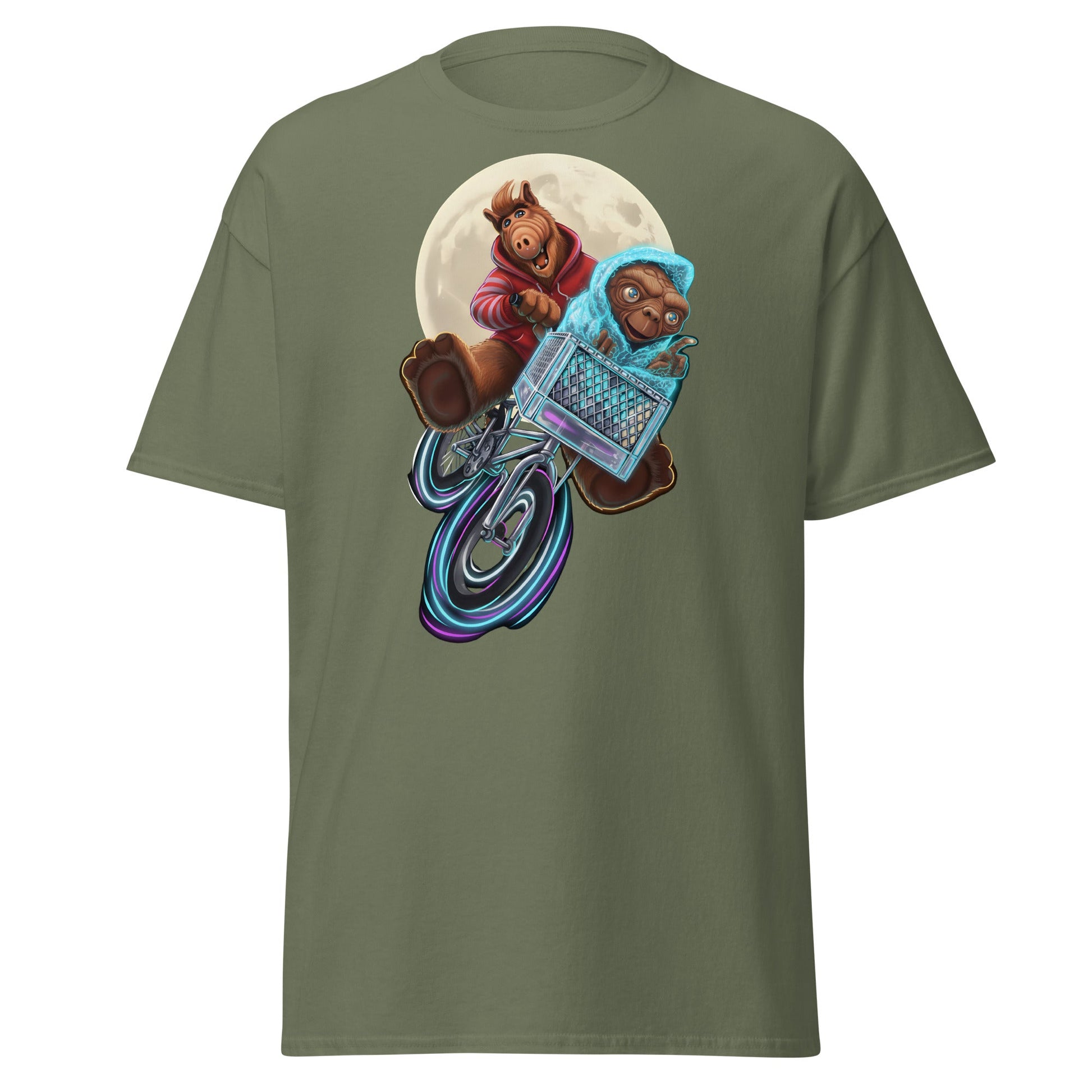 ALF ET Bike Moon T-Shirt – 80s Movie Parody Mashup Tee - Military Green - T-Shirts Online