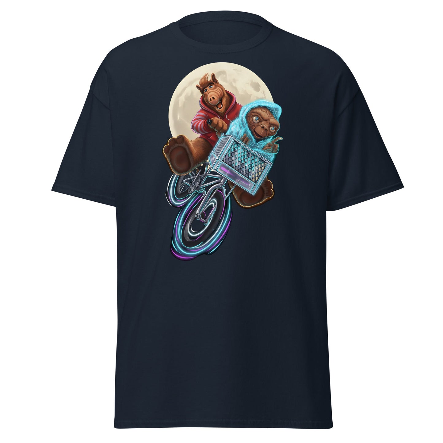ALF ET Bike Moon T-Shirt – 80s Movie Parody Mashup Tee - Navy - T-Shirts Online
