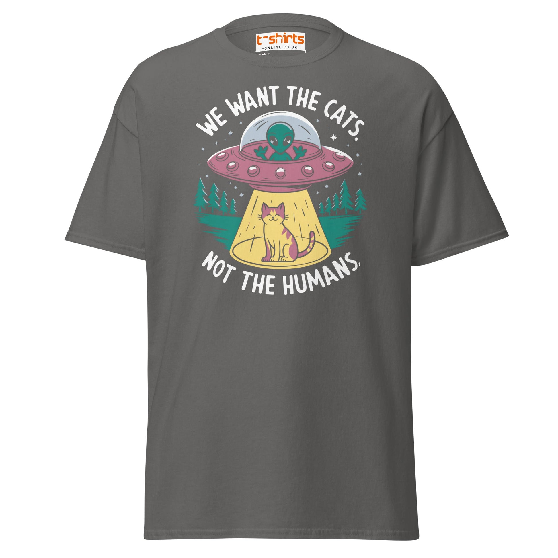 Alien Cat Abduction T-Shirt | Funny UFO Tee - Charcoal - T-Shirts Online