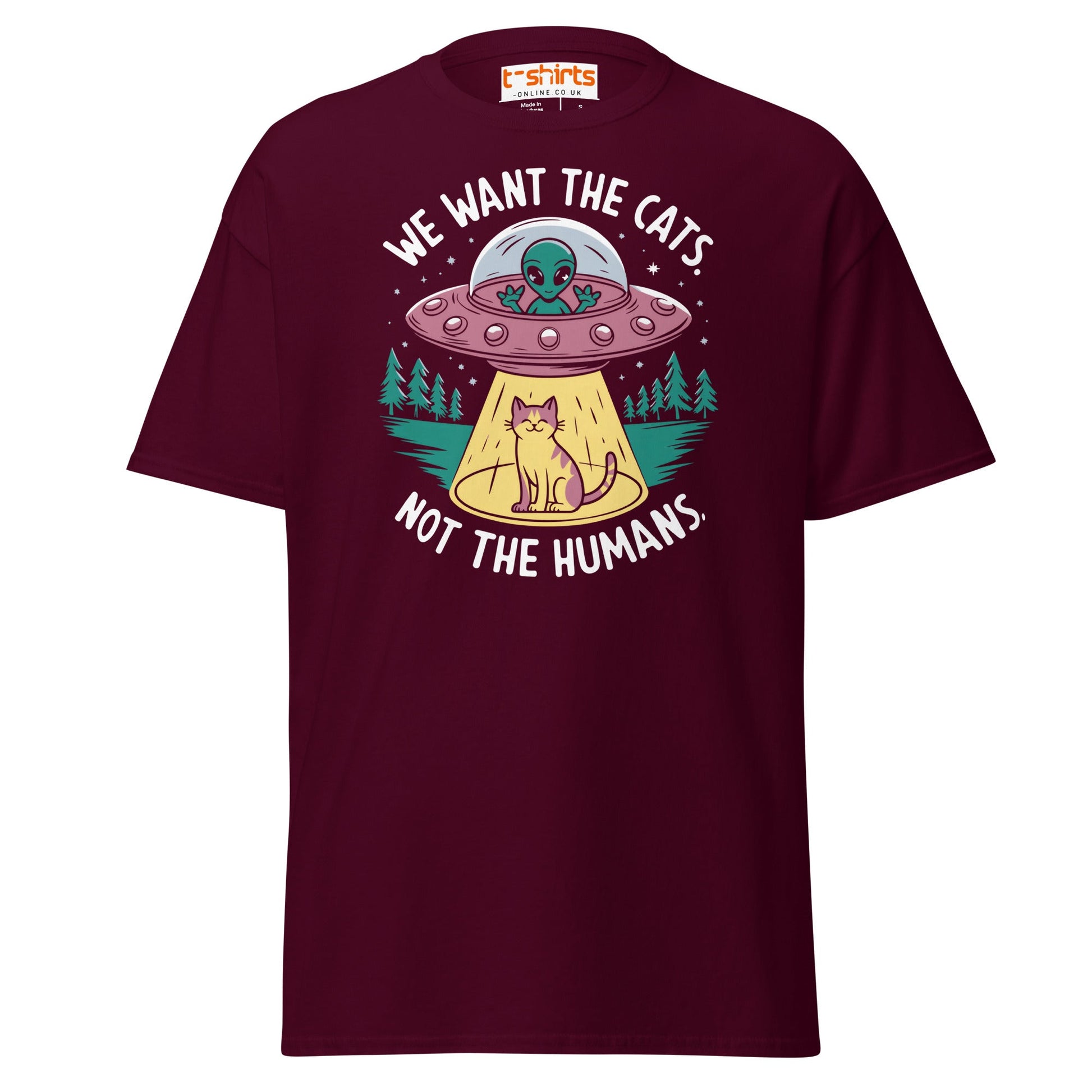 Alien Cat Abduction T-Shirt | Funny UFO Tee - Maroon - T-Shirts Online
