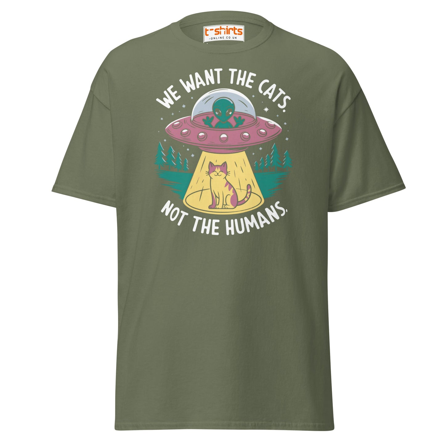 Alien Cat Abduction T-Shirt | Funny UFO Tee - Military Green - T-Shirts Online