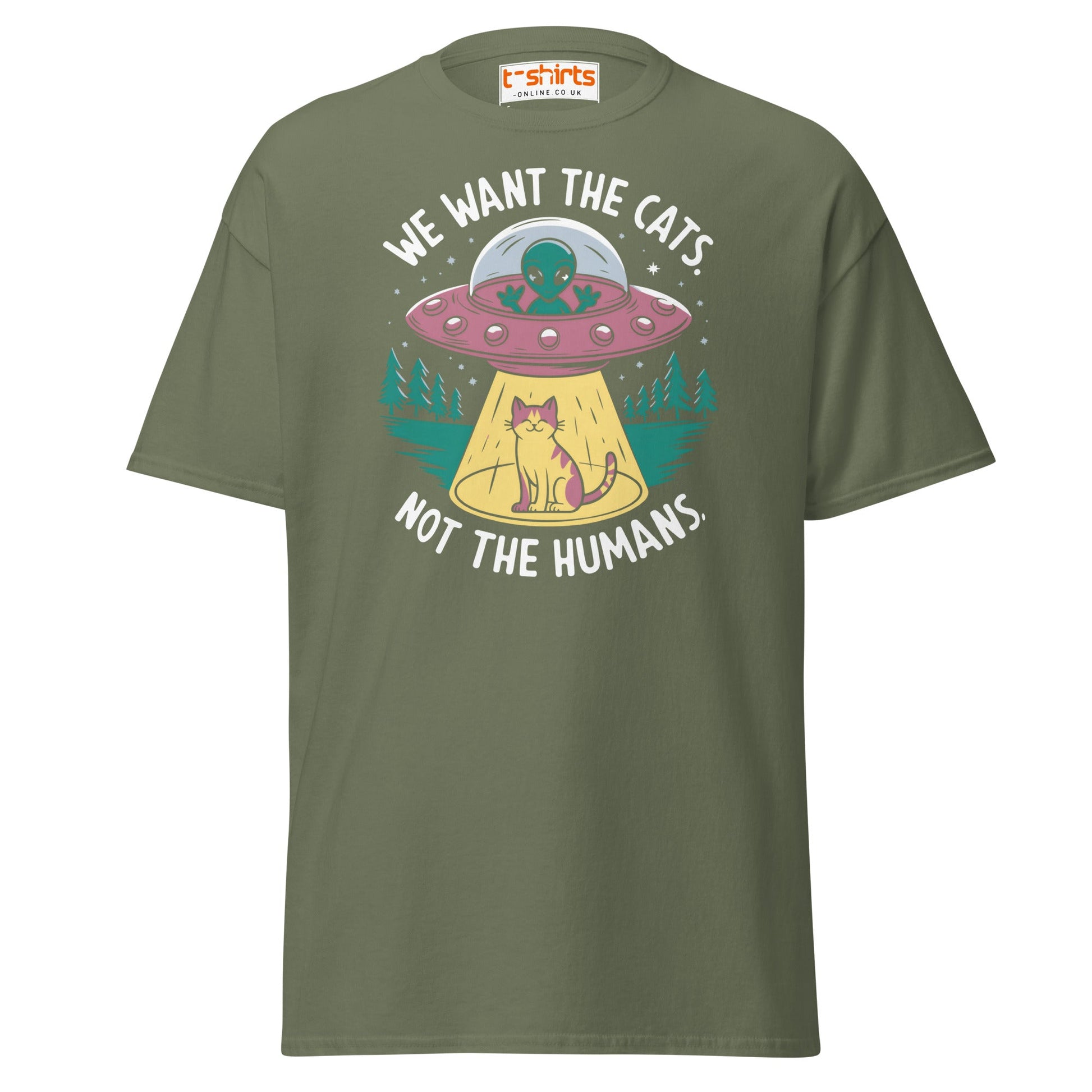 Alien Cat Abduction T-Shirt | Funny UFO Tee - Military Green - T-Shirts Online
