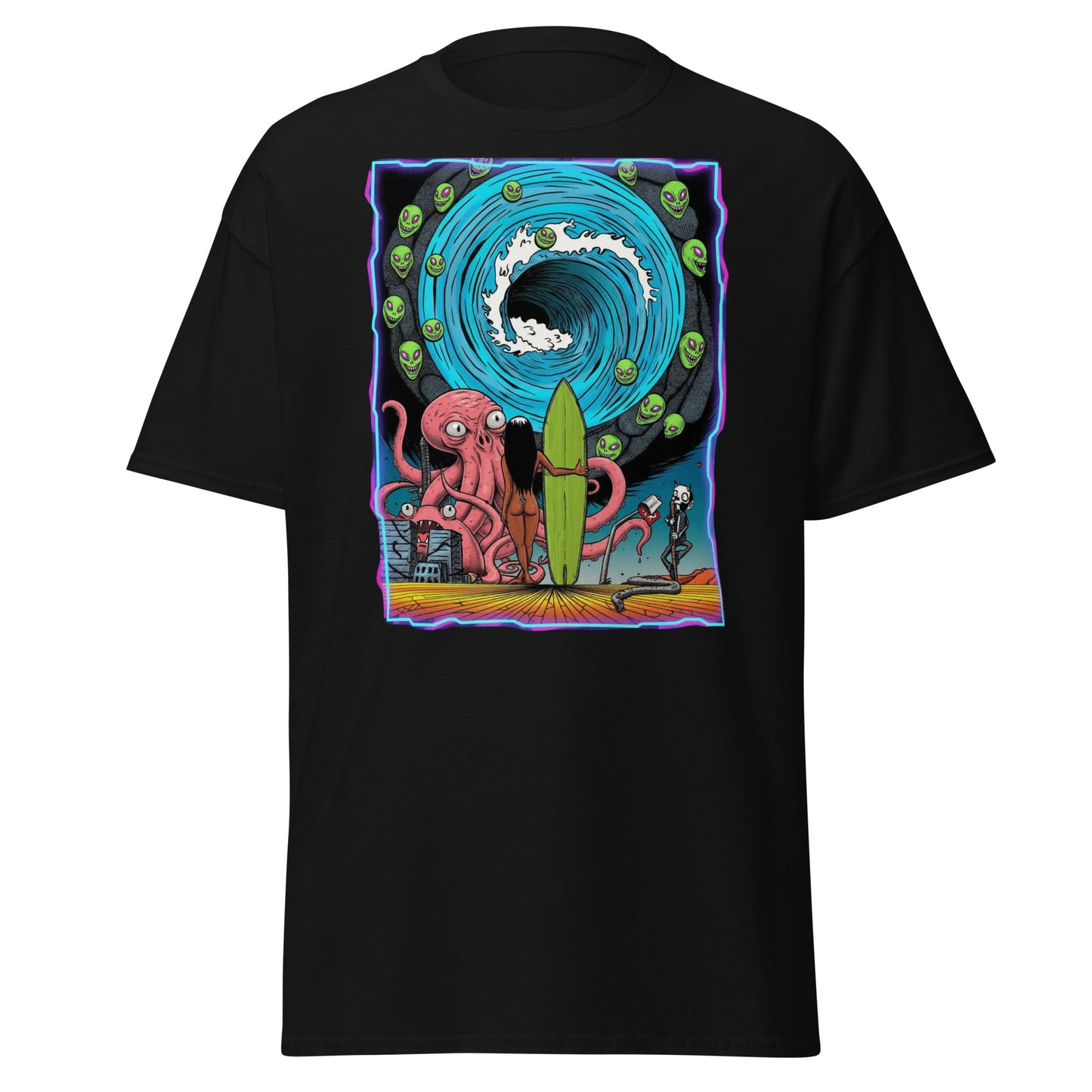 Alien Octopus Surfer T-Shirt | Psychedelic Beach Tee - Black - T-Shirts Online