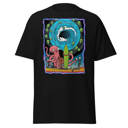Alien Octopus Surfer T-Shirt | Psychedelic Beach Tee - Black - T-Shirts Online