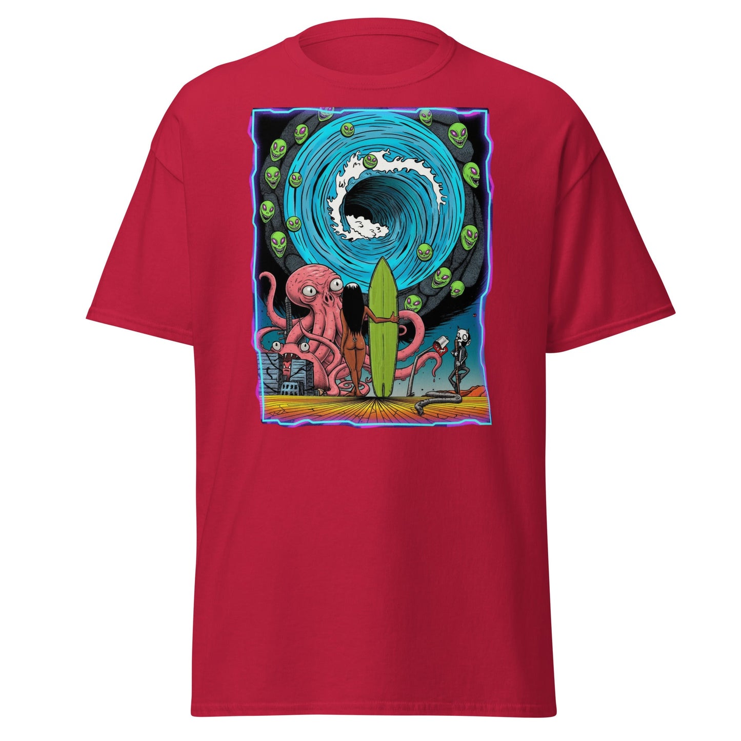 Alien Octopus Surfer T-Shirt | Psychedelic Beach Tee - Cardinal - T-Shirts Online