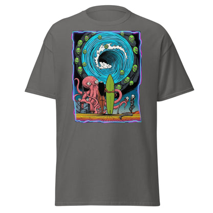 Alien Octopus Surfer T-Shirt | Psychedelic Beach Tee - Charcoal - T-Shirts Online