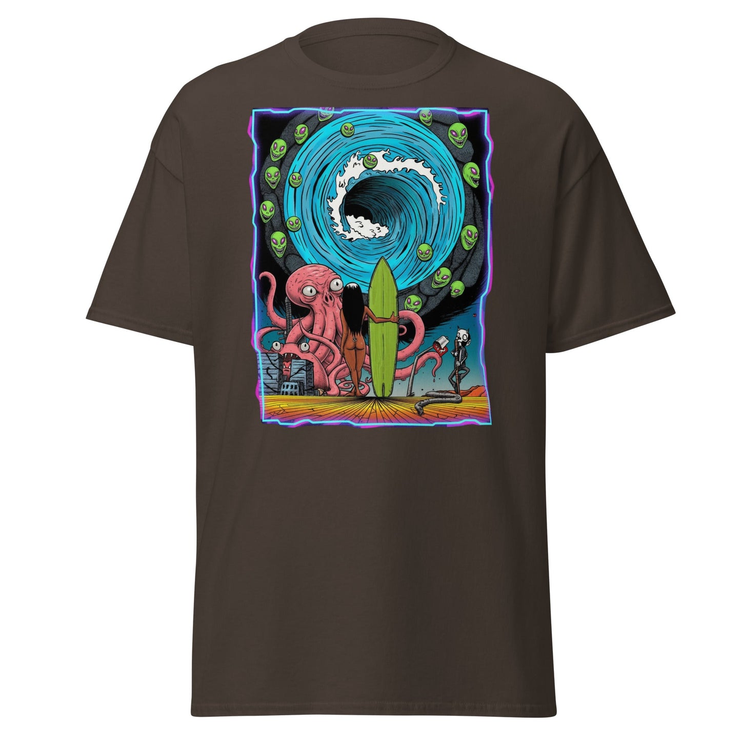 Alien Octopus Surfer T-Shirt | Psychedelic Beach Tee - Dark Chocolate - T-Shirts Online