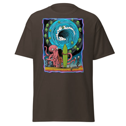 Alien Octopus Surfer T-Shirt | Psychedelic Beach Tee - Dark Chocolate - T-Shirts Online