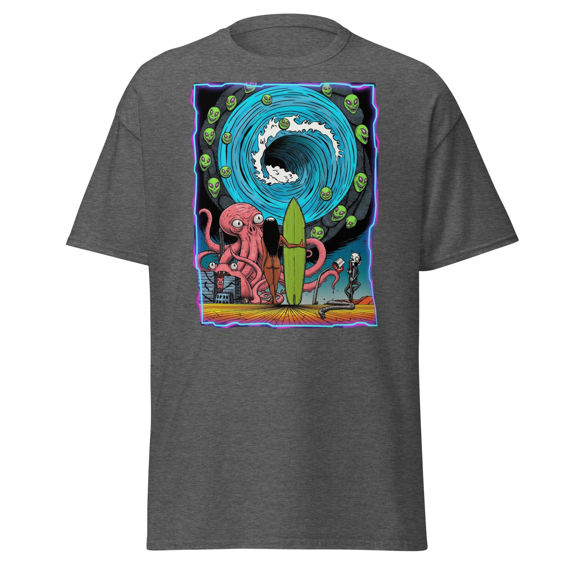 Alien Octopus Surfer T-Shirt | Psychedelic Beach Tee - Dark Heather - T-Shirts Online