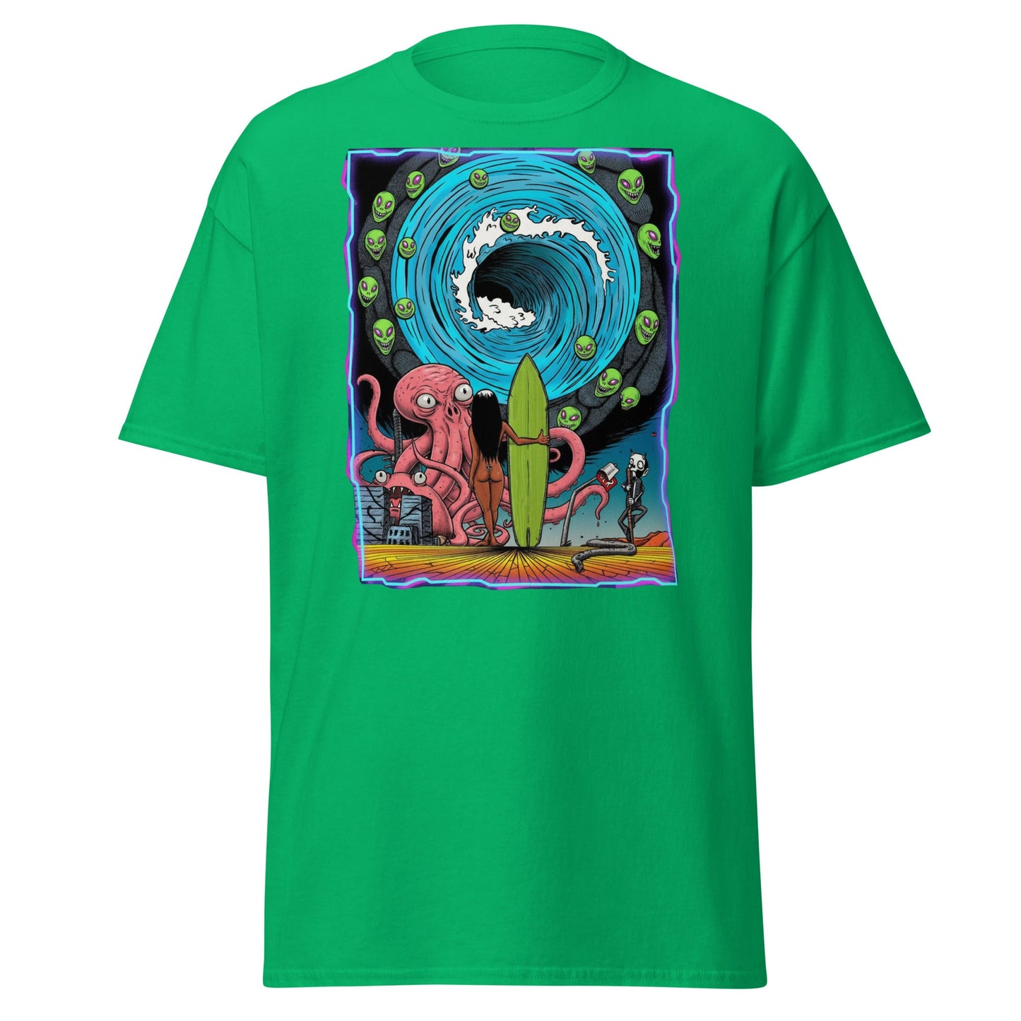 Alien Octopus Surfer T-Shirt | Psychedelic Beach Tee - Irish Green - T-Shirts Online