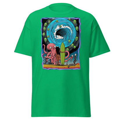 Alien Octopus Surfer T-Shirt | Psychedelic Beach Tee - Irish Green - T-Shirts Online