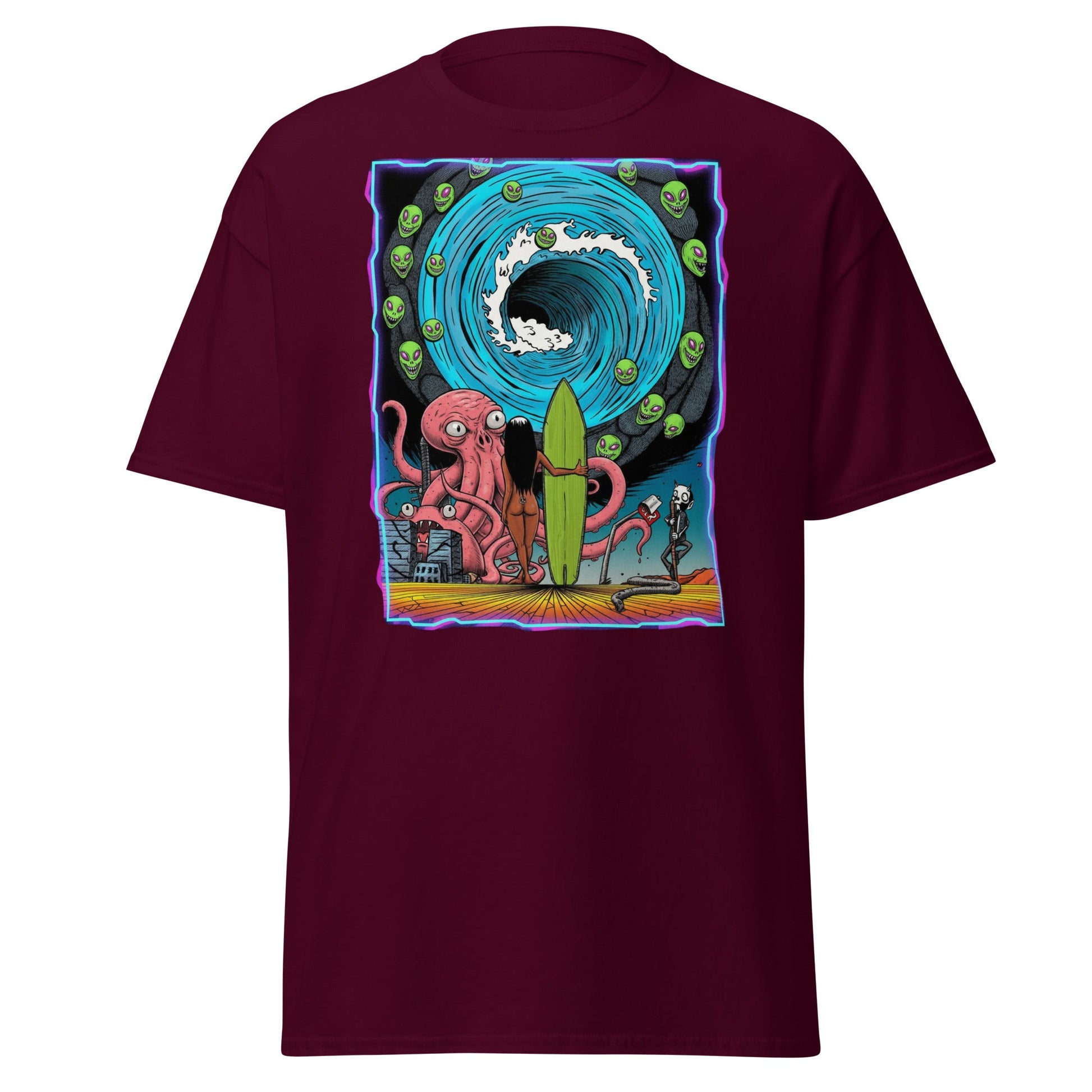 Alien Octopus Surfer T-Shirt | Psychedelic Beach Tee - Maroon - T-Shirts Online