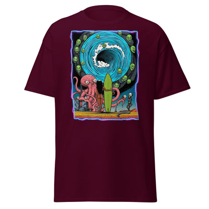 Alien Octopus Surfer T-Shirt | Psychedelic Beach Tee - Maroon - T-Shirts Online