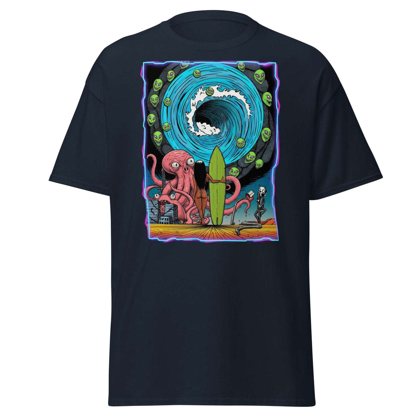 Alien Octopus Surfer T-Shirt | Psychedelic Beach Tee - Navy - T-Shirts Online