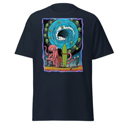 Alien Octopus Surfer T-Shirt | Psychedelic Beach Tee - Navy - T-Shirts Online