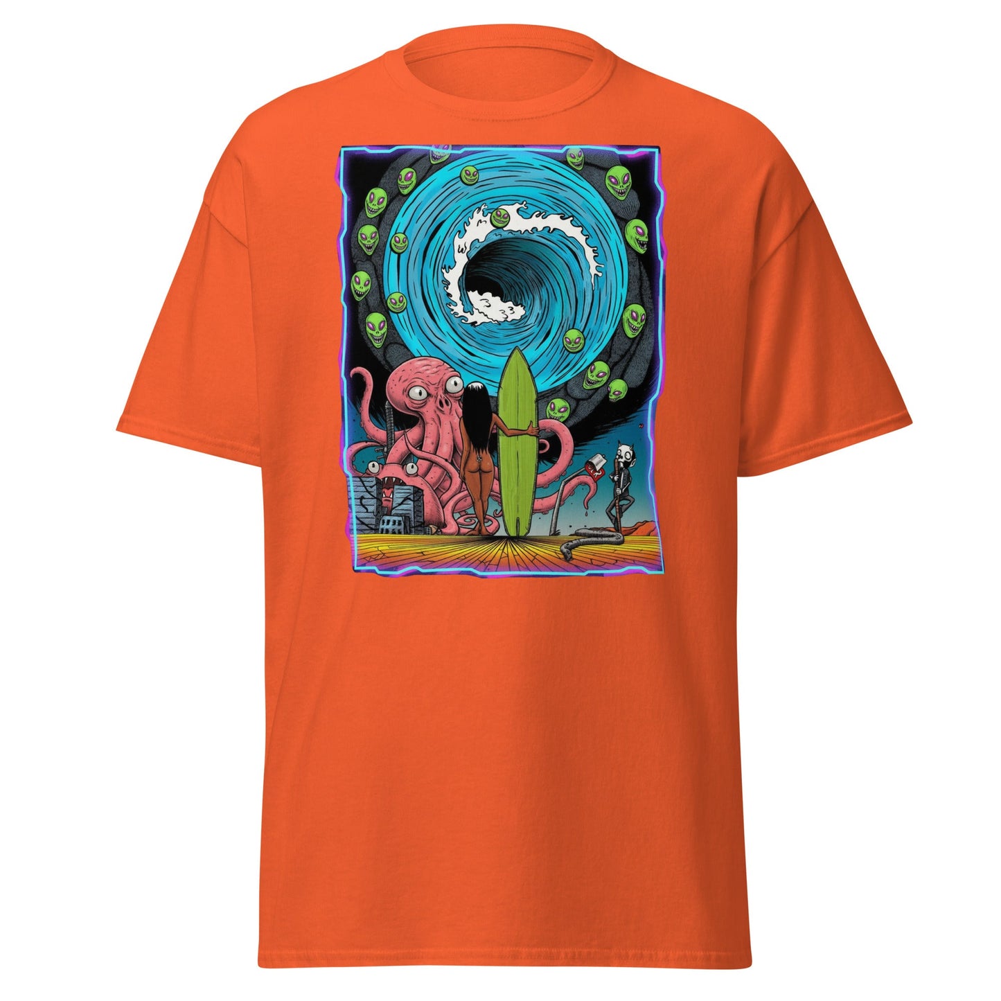 Alien Octopus Surfer T-Shirt | Psychedelic Beach Tee - Orange - T-Shirts Online