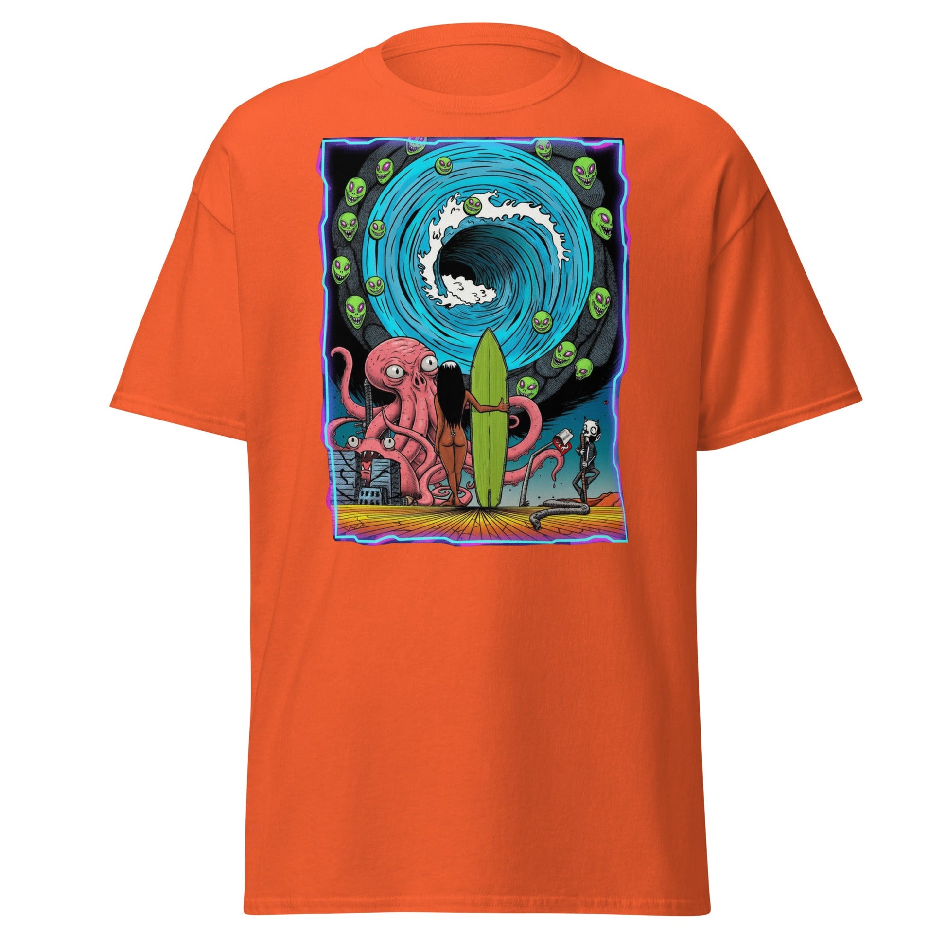 Alien Octopus Surfer T-Shirt | Psychedelic Beach Tee - Orange - T-Shirts Online