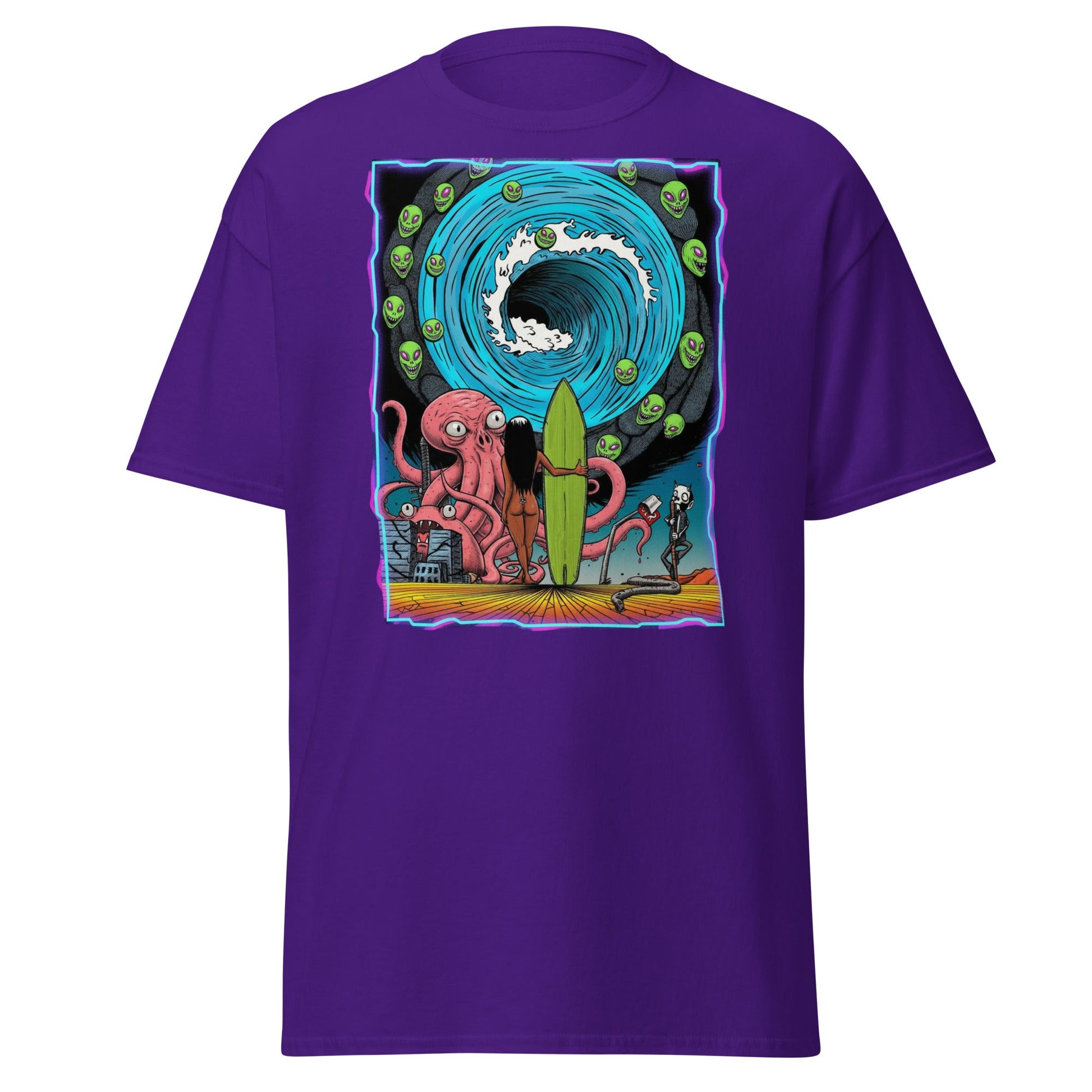 Alien Octopus Surfer T-Shirt | Psychedelic Beach Tee - Purple - T-Shirts Online