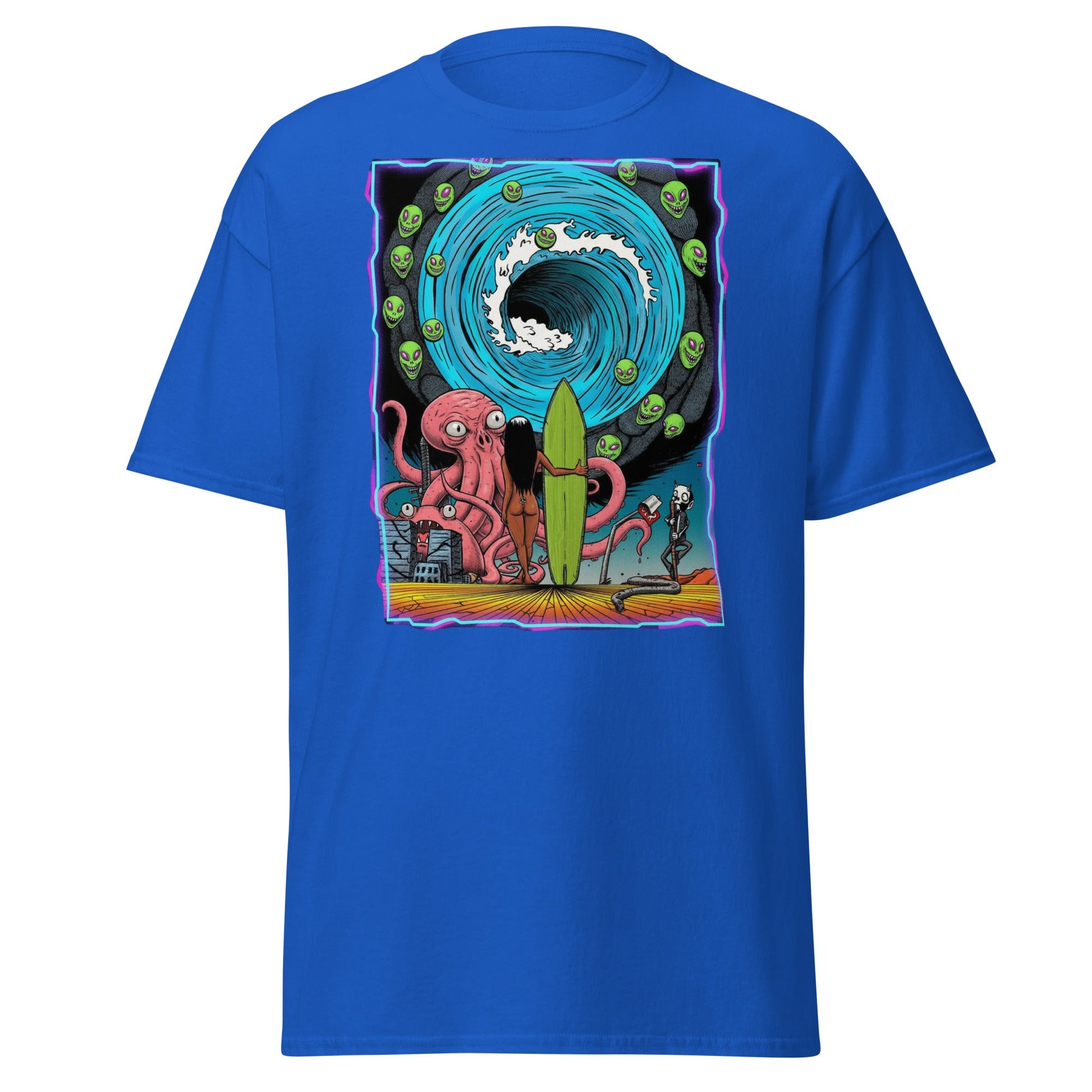 Alien Octopus Surfer T-Shirt | Psychedelic Beach Tee - Royal - T-Shirts Online