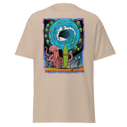 Alien Octopus Surfer T-Shirt | Psychedelic Beach Tee - Sand - T-Shirts Online
