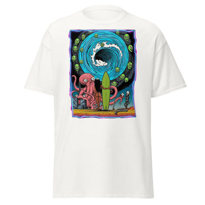 Alien Octopus Surfer T-Shirt | Psychedelic Beach Tee - White - T-Shirts Online