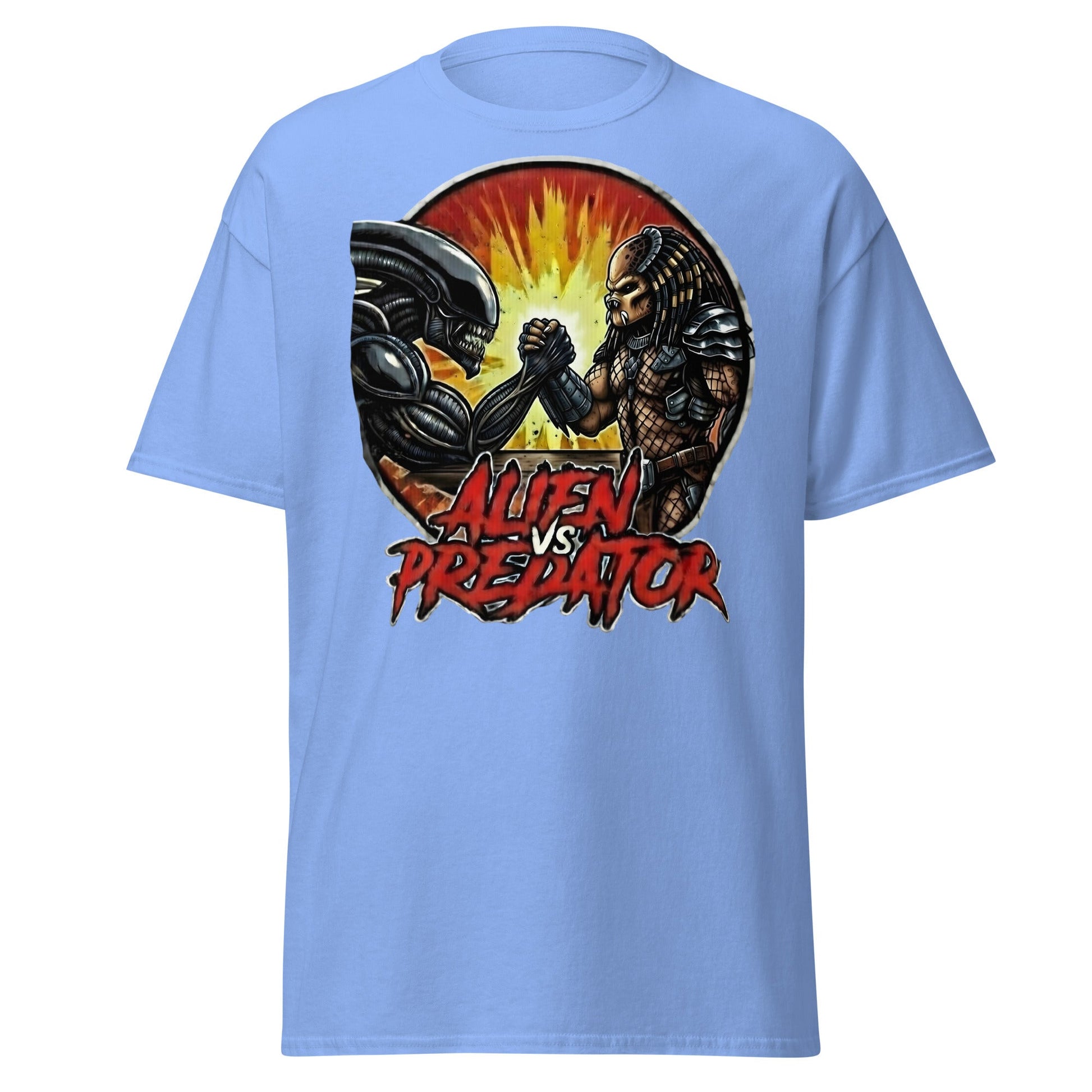 Alien vs Predator Arm Wrestling T-Shirt - Parody Sci - Fi Graphic Tee - Carolina Blue - T-Shirts Online