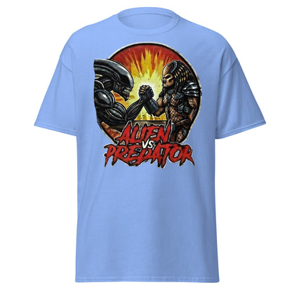 Alien vs Predator Arm Wrestling T-Shirt - Parody Sci - Fi Graphic Tee - Carolina Blue - T-Shirts Online